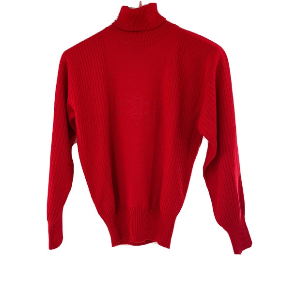 Meister Sweaters - Meister Turtleneck Sweater Embroidered Women's Small Red ‎ Balloon Sleeve Ribbed